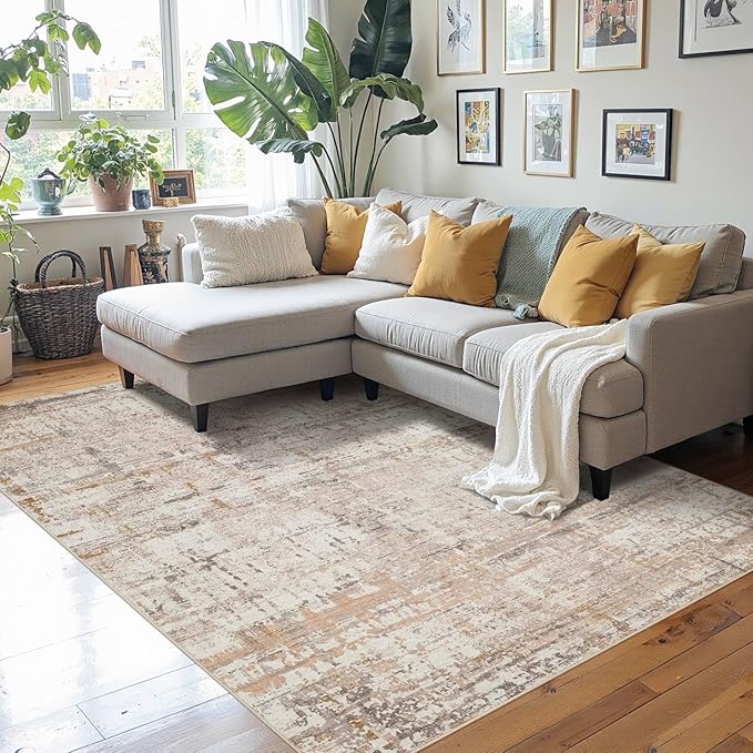 Rugxara 4x6 Rug for Living Room Bedroom, Grey Washable Throw Rugs, Abstract Area Rugs, Non Slip & Low Pile Accent Carpet for Indoor Dining Room, Kids Room and Office(Beige Grey 4x6ft)