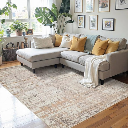 Rugxara 4x6 Rug for Living Room Bedroom, Grey Washable Throw Rugs, Abstract Area Rugs, Non Slip & Low Pile Accent Carpet for Indoor Dining Room, Kids Room and Office(Beige Grey 4x6ft)