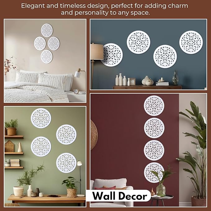 Woodify Hand-Carved Wooden Wall Décor – Set of 4, 12" x 12" Decorative Wood Panels, Floral Design, White Antique Finish, Wall Art for Living Room & Home Décor