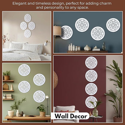 Woodify Hand-Carved Wooden Wall Décor – Set of 4, 12" x 12" Decorative Wood Panels, Floral Design, White Antique Finish, Wall Art for Living Room & Home Décor