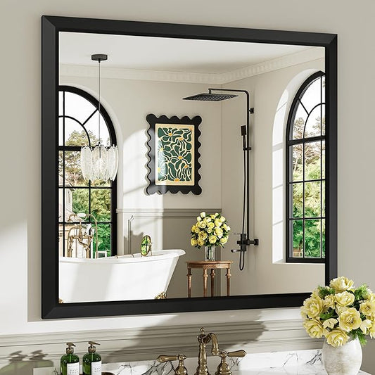 40x38 Inch Black Bathroom Mirror for Wall, Beveled Framed Rectangle Bathroom Vanity Mirrors for Over Sink, Bedroom, Living Room, Entryway, Anti-Rust, HD Tempered Glass, Horizontally/Vertically