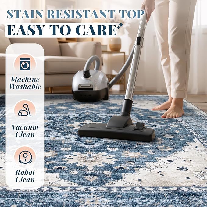 Area Rug 6x9 Vintage Rug: Washable Indoor Medallion Rugs Low Pile Distressed Floor Carpet Retro Accent Rug for Living Room Bedroom Kitchen Dining Table Home Office(Blue, 6'x9')