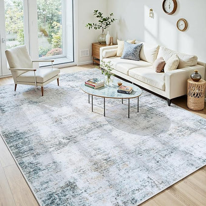 9x12 Area Rugs Washable Rug:Anti-Skid Abstract Modern Living Room Rug Soft Thin Carpets Indoor Floor Non-Shedding Carpet for Bedroom Dining Farmhouse Nursery Home Office(Blue/Grey/Gold/White, 9x12)