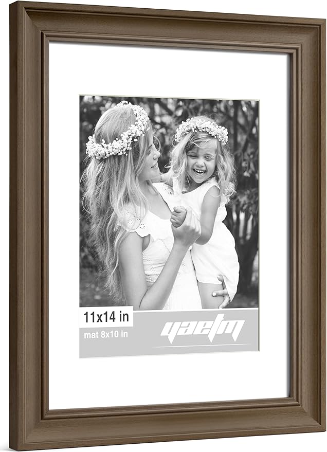 Yaetm 11x14 Picture Frame with Mat for 8x10 Set of 4, 1.4" Wide Molding Brown Wood Grain Photo Frames 11 x 14 with Tempered Glass for Home and Office, Wall Mount (4 pack, Wood Brown)