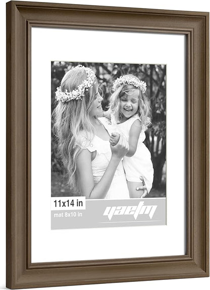 Yaetm 11x14 Picture Frame with Mat for 8x10 Set of 4, 1.4" Wide Molding Brown Wood Grain Photo Frames 11 x 14 with Tempered Glass for Home and Office, Wall Mount (4 pack, Wood Brown)
