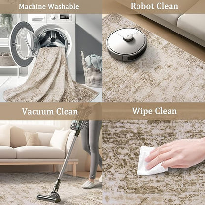 8x10 Area Rug Living Room Rugs - Washable Rug Large Modern Abstract Soft Thin Carpets Indoor Floor No Slip Vintage Carpet for Bedroom Under Dining Table Nursery Home Office Decor Beige