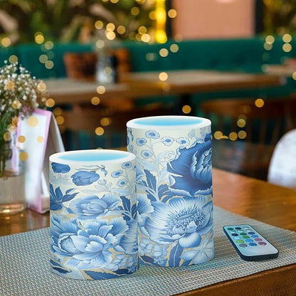 ALAZA White Navy Blue Flowers Floral Flickering Flameless Candles Battery Operated with Remote Timer,Tea Light Candles LED Pillar Votive Candles Set of 2 for Outdoor Indoor Decorations