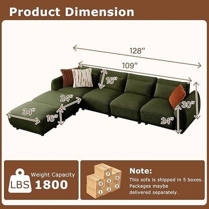 U Shaped Cloud Sectional, Convertible L Shaped Couch with Removable Ottomans,Modular Cloud Couch Sectional for Living Room(4 Set + 2 Ottomans - Green)