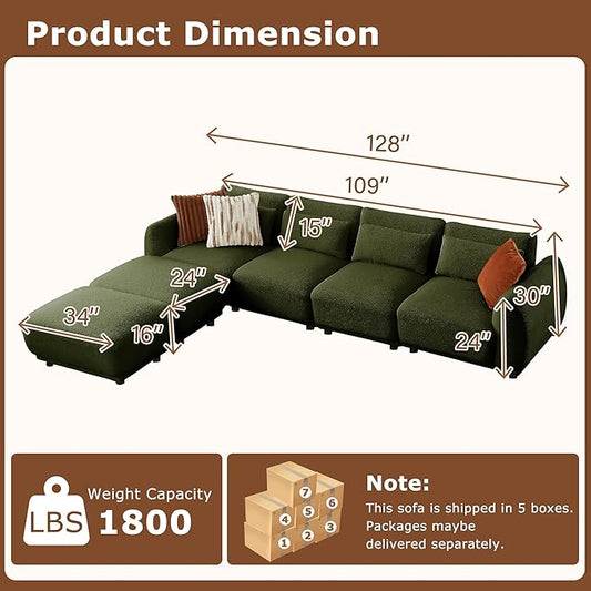 U Shaped Cloud Sectional, Convertible L Shaped Couch with Removable Ottomans,Modular Cloud Couch Sectional for Living Room(4 Set + 2 Ottomans - Green)