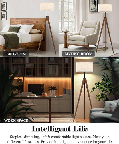 ELYONA Ash Wood Tripod Floor Lamp Stepless Dimmer & Color Temperature, Remote Control Mid Century Modern Coner Standing Lamp Linen Shade for Living Room Bedroom Office, LED Bulb Included, Walnut