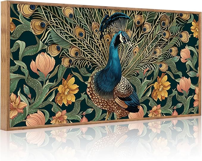 HLNIUC Boho Peacock Framed Canvas Wall Art,Vintage Animal Feather Wall Decor,Large Green Gold Botanical Floral Artwork Set of 3(24x36),Modern Nature Blossom Prints for Living Room,Bedroom,Office