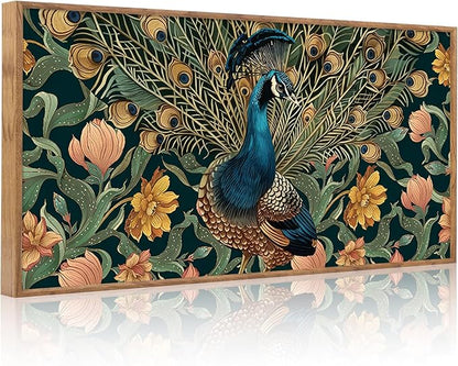 HLNIUC Boho Peacock Framed Canvas Wall Art,Vintage Animal Feather Wall Decor,Large Green Gold Botanical Floral Artwork Set of 3(24x36),Modern Nature Blossom Prints for Living Room,Bedroom,Office