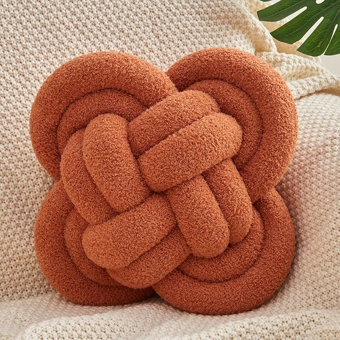 Knot Pillow, 12" Soft Decorative Throw Pillows for Couch Bed, Gray Pink Knotted Plush Throw Pillow Handmade Square Cushion Home Decor Pillows (Rust Red, 12 Inches X12 Inches)