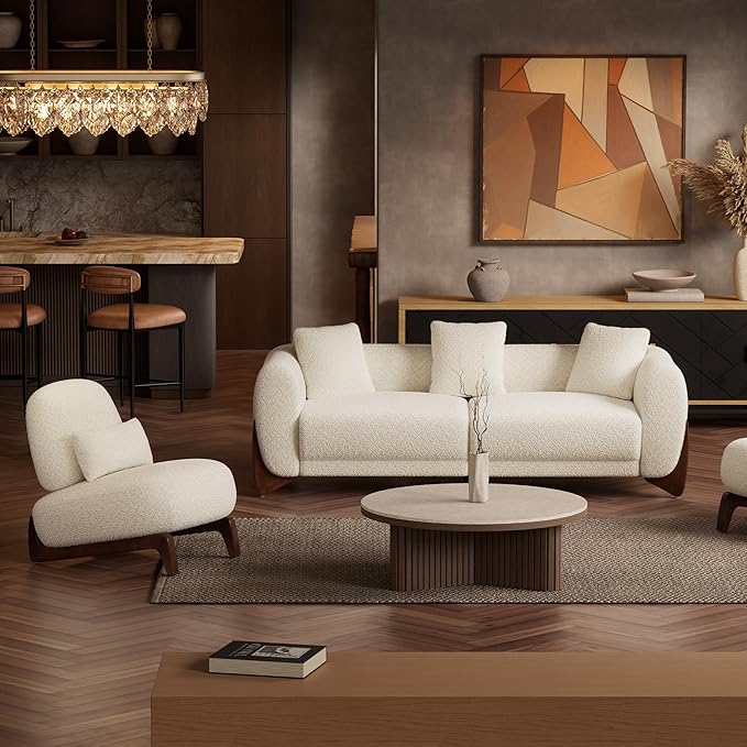 Morden Fort 2 Piece Boucle Sofa Set, Modern Upholstered Couches Sofas Set Durable Comfy Boucle Pet-Friendly, Armless Chair & 3-Seater Sofa Sets for Living Room Bedroom Apartment, Beige