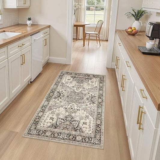 3x5 Washable Entryway Rug: Non-Slip Soft Vintage Floral Indoor Area Rug for Living Room Large Kitchen Entryway Bedroom Bedside, Door Mat Throw Carpet for Laundry Foyer Home Decor (Brown)