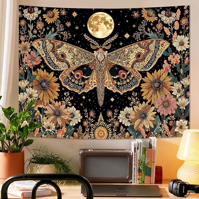 Leeisysme Hippie Moth Butterfly Moon Tapestry, Aesthetic Witchy Floral Moth Wall Art for Living Room Bedroom Home Decor, 44x60 inches