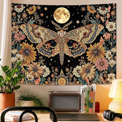 Leeisysme Hippie Moth Butterfly Moon Tapestry, Aesthetic Witchy Floral Moth Wall Art for Living Room Bedroom Home Decor, 44x60 inches