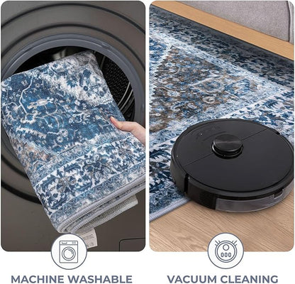 KOZYFLY Round Rug 5 Ft Rugs for Entryway Washable Circle Entrance Rug Non Slip Round Doormat Indoor Printed Faux Wool Round Front Door Mat Floor Carpet for Backdoor, Entryway, Bedroom, Blue