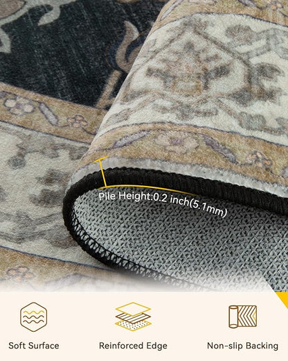 RELEANY Area Rugs Round 5ft Washable Non-Slip, Floral Vintage Distress Print Pattern Medallion Carpet for Living Room Bedroom Dining Room, Vintage Black Brown Neutral