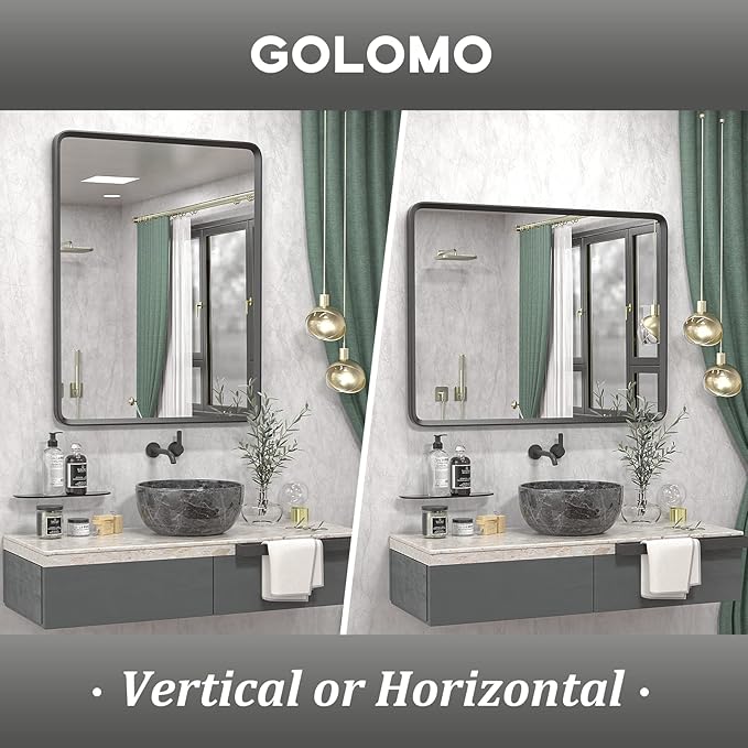 24x36 Black Matte Bathroom Mirror for Wall, Rounded Rectangle Vanity Mirror for Bathroom, Tempered Glass, Anti-Rust, Shatterproof (Horizontal/Vertical)