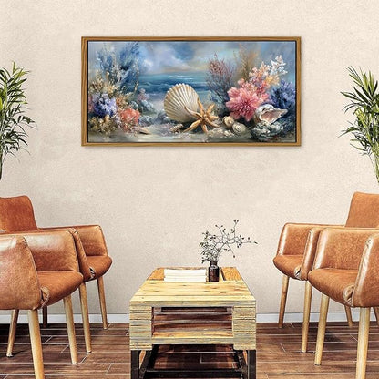 Framed Beach Seashell Bathroom Wall Art Coastal Starfish Pictures Wall Decor Modern Seascape Home Decor Blue Ocean Landscape Painting Prints Nautical Artwork for Bedroom Living Room Decoration 24x48