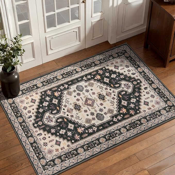 Tangsoo 2x3 Rugs for Entryway, Vintage Washable Indoor Area Rug,Boho Non-Slip Soft Low-Pile Small Entry Rug Door Mat Black and Gold Entrance Carpets for Kitchen Bathroom Bedroom