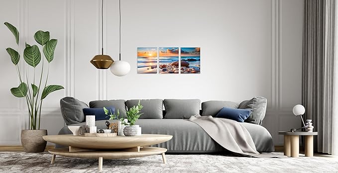 TutuBeer 3 Panels Sea Pictures for Wall Pictures of the Beach Blue Sea Sunset White Beach with Stone Print on Canvas Ocean Picture Wall Decor for Home Decor Decoration Ready to Hang 12x24inchx3