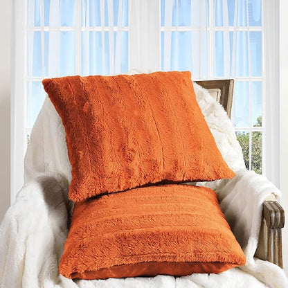 Cheer Collection Faux Fur Throw Pillows - Fall Decorative Throw Pillows for Couch, Bed Throw Pillows, Rust Accent Pillows for Bedroom or Living Room Aesthetic, Set of 2 Furry Throw Pillows, 18”x18”