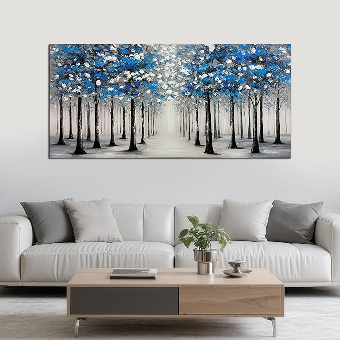 Trogonup Large Forest Wall Art for Living Room Blue and White Trees Landscape Painting Modern Textured Oil Painting for Bedroom Office Home Decor 29x58 Inch