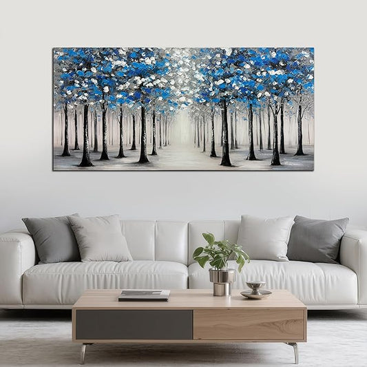 Trogonup Large Forest Wall Art for Living Room Blue and White Trees Landscape Painting Modern Textured Oil Painting for Bedroom Office Home Decor 29x58 Inch