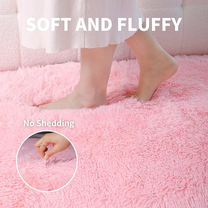 KICHOWUA Thick Area Rug 5x7 Pink Fluffy Shag – Ultra Soft Plush Fuzzy Washable Thickened Non-Slip Fuzzy Carpet for Girls Bedroom Living Room, Modern Furry Shaggy Rug for Kids Nursery Boys Dorm Room