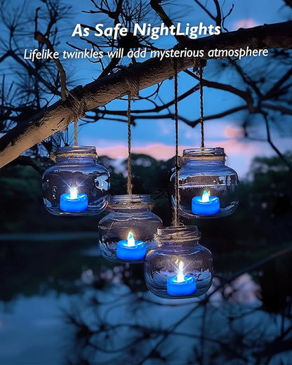 merrynights Flameless Candles, 24 Pack Tea Lights Candles Battery Operated, LED Tealight Candle, Realistic Tea Lights for Halloween Christmas Party Decor -D 1.5” x H 1.25” -Blue Candle