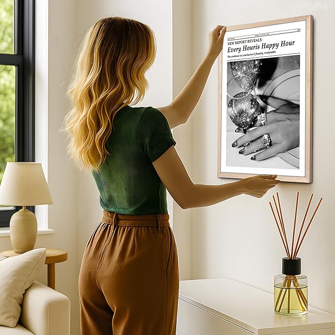 Wood Framed Newspaper Wall Art Print, Glam Sparkling Cocktail Happy Hour Poster Wall Decor, Black and White Vintage Aesthetic Canvas Picture for Bar Living Room Apartment Girls Room Decor 12x16 inch