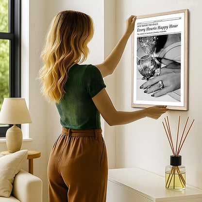 Wood Framed Newspaper Wall Art Print, Glam Sparkling Cocktail Happy Hour Poster Wall Decor, Black and White Vintage Aesthetic Canvas Picture for Bar Living Room Apartment Girls Room Decor 12x16 inch