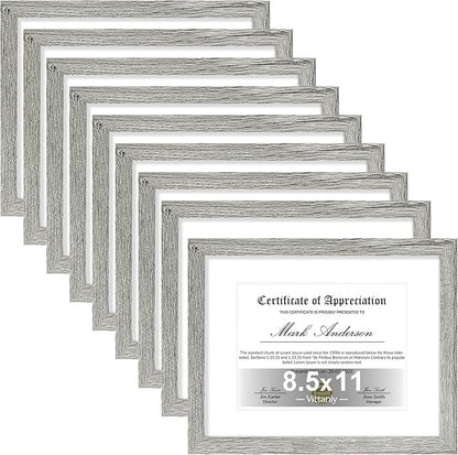Vittanly 8.5x11 Picture Frames Set of 9, Shatter Resistant Plexiglass, Display 6x8 Pictures with Mat or 8.5x11 without Mat, Photo Frames for Wall or Tabletop, Engineered Wood, Grey