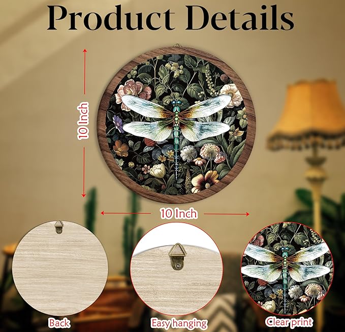 Xeqej Dragonfly Flower Boho Hanging Wall Decor, Vintage Dragonflies Round Wooden Wall Art, Farmhouse Insect Western Boho Decorations for Apartment Home Living Room Bedroom Bathroom Kitchen Office, 03