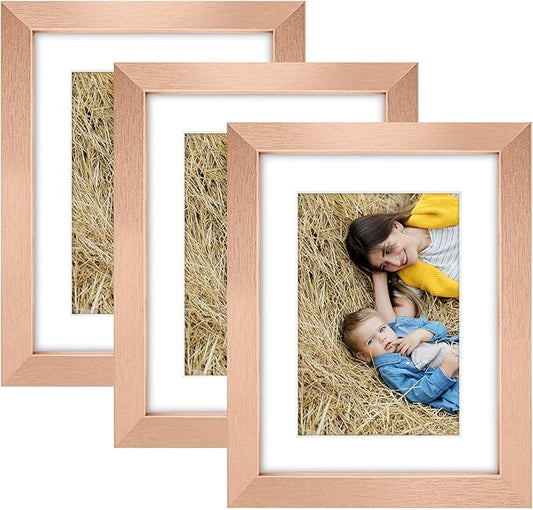 Golden State Art, 6x8 Picture Frame Set of 3 - Matted to 4x6 Photo - Engineered Wood Gallery Frame Set - Wall Mounting or Tabletop Display (Rose Gold,3 Pack)
