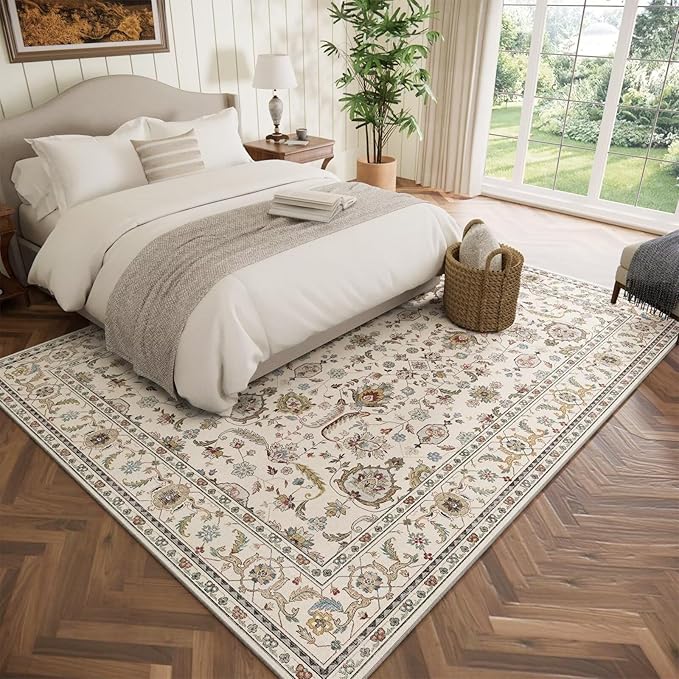 Washable 5x7 Area Rugs for Living Room, Boho Non-Slip Vintage Rugs for Bedroom Dining Room Nursery Office, 0.3" Neutral Oriental Throw Thin Carpet with Cushioning Pad, Beige/Rust/Multi, B1
