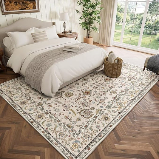 Washable 6x9 Area Rugs for Living Room, Boho Non-Slip Vintage Distress Large Rugs for Bedroom Dining Room Nursery Office, 0.3" Neutral Oriental Throw Thin Carpet, Beige/Rust/Multi, B1