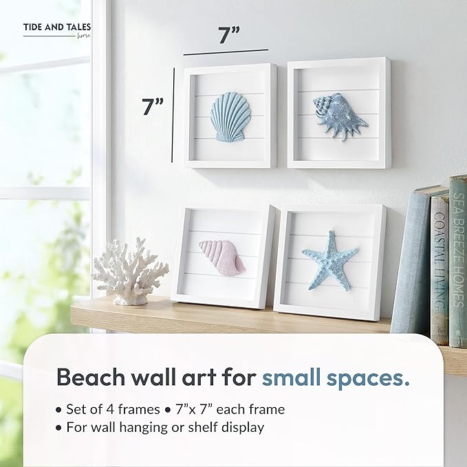 Tide and Tales 3D Seashells & Starfish Coastal Wall Art Decor (Framed Set of 4) Beach Wall Decor for Bathroom or Coastal Bedroom - Ocean Inspired Seaside Decorations for Home or Beach House (7"x7")