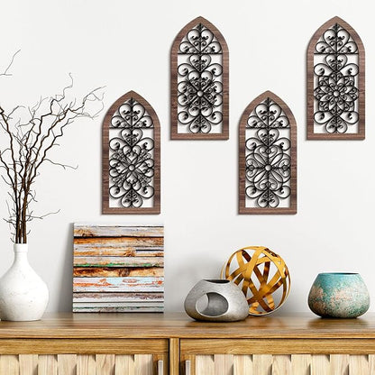 4 Pieces Thicken Rustic Wood Wall Decor Arch Modern Farmhouse Wall Art Decor Wooden Hollow Carved Design Rustic Home Art for Living Room Bedroom Office Kitchen (Classic Style)