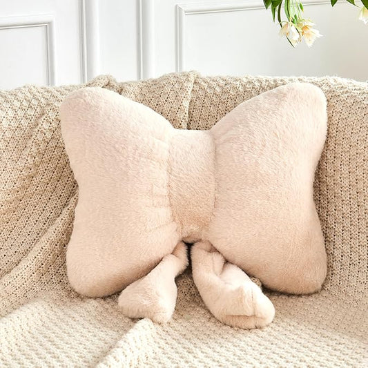 XVTRU Beige Bow Pillow, Soft Bow Decorative Pillows with Faux Rabbit Fur, Cute 12" Bow Throw Pillows, Aesthetic Home Decor Bow Shaped Plush Pillow for Bedroom Sofa Couch