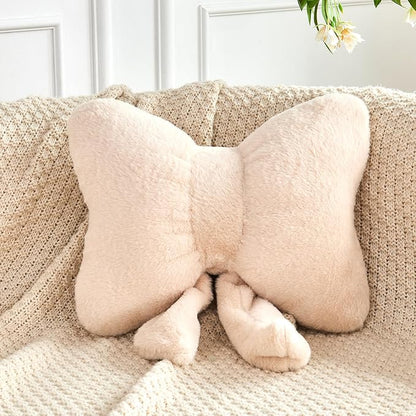 XVTRU Beige Bow Pillow, Soft Bow Decorative Pillows with Faux Rabbit Fur, Cute 16" Bow Throw Pillows, Aesthetic Home Decor Bow Shaped Plush Pillow for Bedroom Sofa Couch