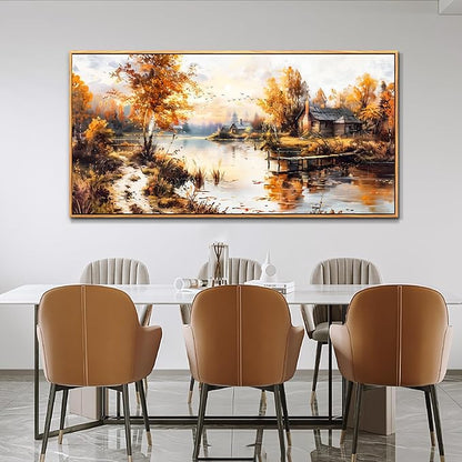 QIYILEXWART Canvas Wall Art For Living Room Large Wall Decor For Office Bedroom Decorations Lakeside Cabins Autumn Landscape Pictures Farmhouse Painting Artwork Room Wall Mural Home Decor 30x60 In