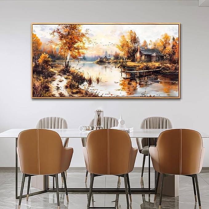 QIYILEXWART Canvas Wall Art For Living Room Wall Decor For Bedroom Office Wall Decoration Lakeside Cabins Autumn Landscape Painting Farmhouse Pictures Artwork Room Aesthetic Home Decor 20x40 In