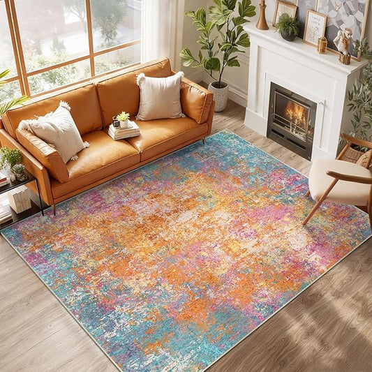 RELEANY Washable Area Rugs 6'x9' Non-Slip Modern Abstract Soft for Living Room Entryway Bedroom Nursery, Print Pattern, Orange Blue Pink Yellow Colorful