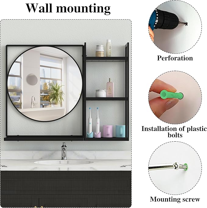 Black Metal Framed Bathroom Mirror with Shelf, 31" X 24.4" Rectangular Wall Mounted Bathroom Vanity Mirror, Modern Bathroom Mirror with Storage for Over Sink, Entryway
