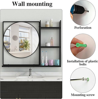 Black Metal Framed Bathroom Mirror with Shelf, 31" X 24.4" Rectangular Wall Mounted Bathroom Vanity Mirror, Modern Bathroom Mirror with Storage for Over Sink, Entryway