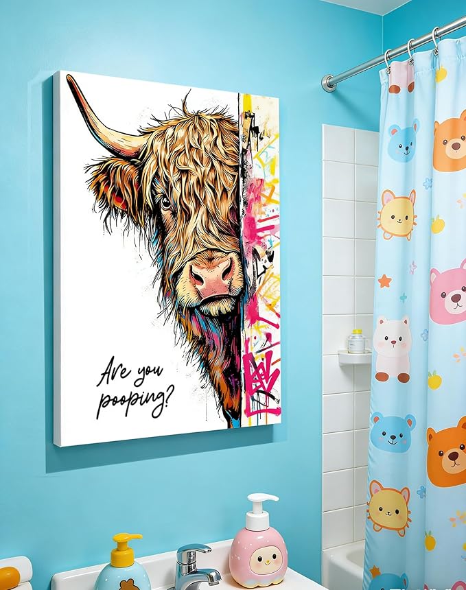Funny Highland Cow Bathroom Wall Art, Are You Pooping? Graffiti Pop Art Canvas Prints, 16x24 Inch Framed Humorous Farmhouse Bathroom Decor, Colorful Cow Picture for Toilet Washroom Powder Room