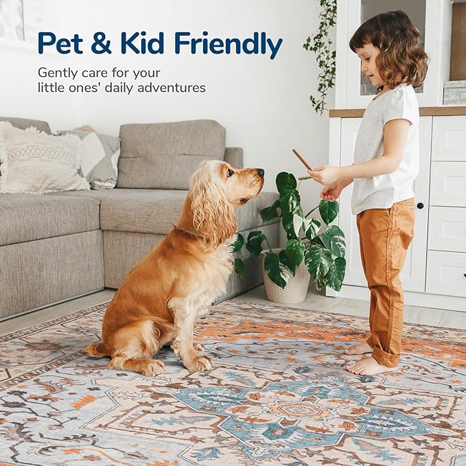 Lessymo 5x7 Area Rugs- Machine Washable Area Rugs, Super Soft Faux-Wool Area Rug for Living Room Bedroom, Boho Area Rug Vintage Floral Medallion Non-Slip Low Pile, Orange Beige